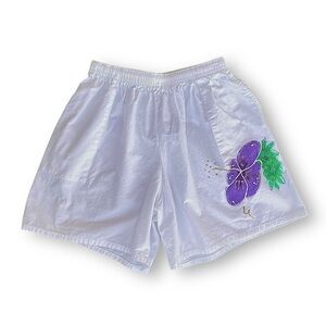 Vintage White Casual Shorts with Purple Floral Accent